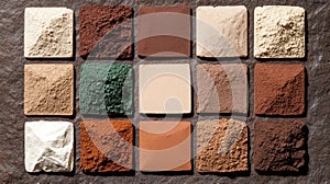 Array of powdered pigments in various shades of brown and beige