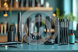 An array of professional hair styling tools including a sleek hair straightener, a curling iron with various barrel sizes