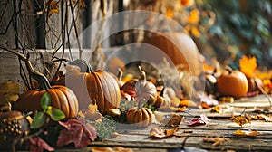 An array of pumpkins, from small to large, surrounded by a cascade of red and orange leaves indicative of fall