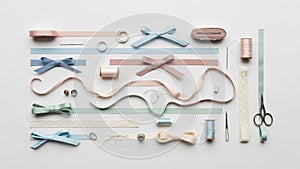 Array of sewing and crafting supplies neatly arranged against a white