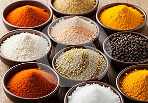 An array of small bowls, each containing a different spice or