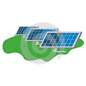 Array of solar cell panels on green field. Solar power plant illustration. Photovoltaic solar power panels, alternative power