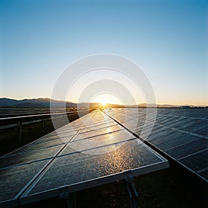 Array of Solar Panels at Sunrise