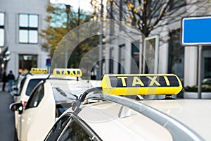 Array of taxi cabs parked