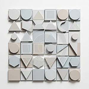 An array of three dimensional shapes including circles triangles squares