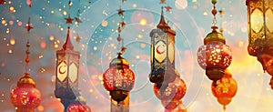 Array of traditional festive lanterns hanging under a clear sky, with twinkling stars and crescent moons crafted in lantern