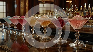 An array of uniquely shaped nonalcoholic martini glasses line the bar each filled with a different concoction to delight