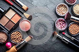 Various makeup products on dark background with copyspace