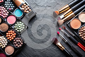 Various makeup products on dark background with copyspace