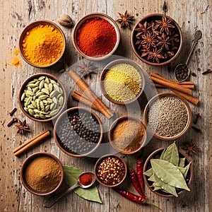 An array of various spices in small wooden bowls on a rustic wooden surface