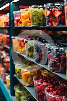 An array of vibrant fruits in clear cups displayed on dark shelving, highlighting red strawberries. Emphasizes a