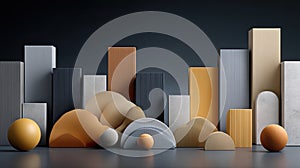 An array of vibrant shapes and lines illustrates data visualization, featuring glowing spheres and vertical bars in a tech