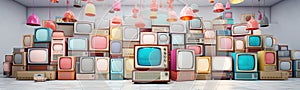 Array of Vintage TVs with Pastel Displays