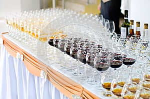 Array of wineglasses, selective focus