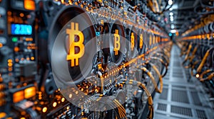 Arrays of servers in crypto mining farms generate digital wealth by solving puzzles for Bitcoins