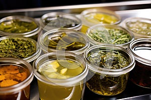 arrays of tea marinades in glass pots