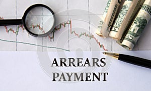 ARREARS PAYMENT - words on a white sheet against the background of a chart, magnifying glass and banknotes