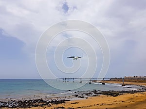 Arrecife airport on the island of Lanzarote, Canary Islands. Spain Image of the sea, beach and panel of lights of indication
