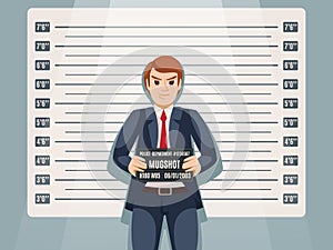 Arrested businessman mugshot. Corporate crime, professional legal issues and business risks. Politician jail snapshot vector