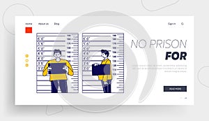 Arrested Man Posing for Identification Mugshot Photo Landing Page Template. Criminal Male Character