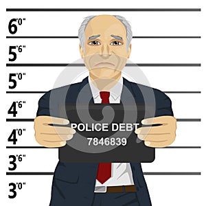 Arrested senior businessman posing for mugshot holding a signboard
