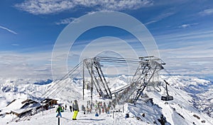 Arrival of Cime Caron cable car in Val Thorens ski area