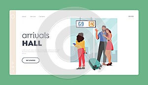 Arrival Halls Landing Page Template. Parents And Daughter Meet in Airport. Joy Of Being Reunited With Loved Ones Concept
