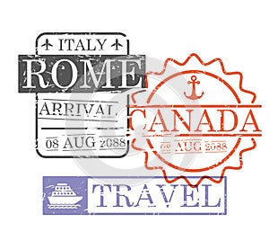 Arrival ship travel stamps of rome and canada in colorful silhouette