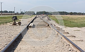 The arrival train tracks in Auschwitz II - Birkenau concentration nazi camp, Poland.