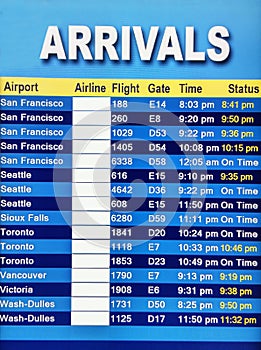 Arrivals display board at airport terminal