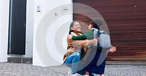 Arrive home, student girl hugging her happy mother outdoor after school education or learning for child development