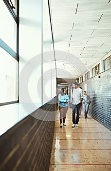 Arriving on campus for their first class. Full length shot of a group of university students walking through a campus