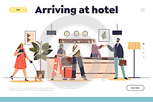 Arriving at hotel concept of landing page with lobby or reception hall interior and guest check in