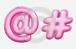 Arroba sign, hashtag sign bublle. Font bubble gum. 3D render set of pink cartoon. Bubble Gum isolated on white background. photo