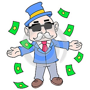 Arrogant rich old man is splurging on dollars. doodle icon image kawaii