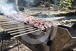 Arrosticini on the grill, Abruzzi skewers of sheep cooked on the