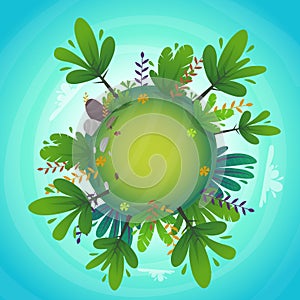 Arround the world circular panorama park forest view miniature planet concept with grass field . green peace nature , plants and f