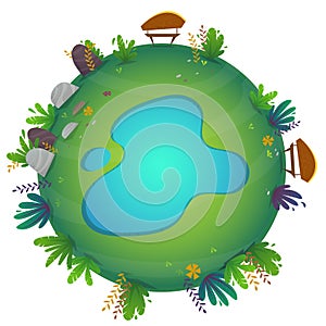 Arround the world circular panorama park forest view miniature planet concept with grass field . green peace nature , plants and f