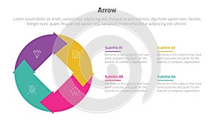 arrow or arrows stage infographics template diagram with circular shape circle and 4 point step creative design for slide