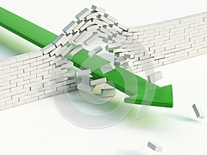 Arrow breaking brick wall abstract 3d illustration - power solution concept - infiltration - success metaphor 3d rendering