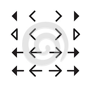 Arrow button icon collection. Menu navigation pointer symbol set. Next indicator sign. Simple flat shape direction logo.