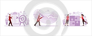 Arrow in center of target, businessman carrying ruler measuring chart, businessman connecting jigsaw puzzle.