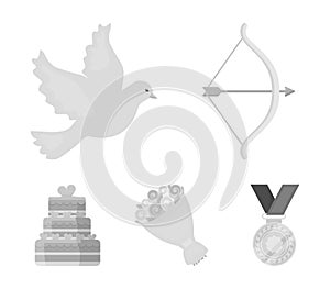 Arrow cupid, dove, bouquet of flowers, wedding cake. Weddin gset collection icons in monochrome style vector symbol