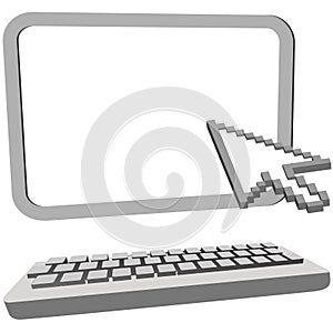 Arrow cursor click on 3D computer monitor keyboard