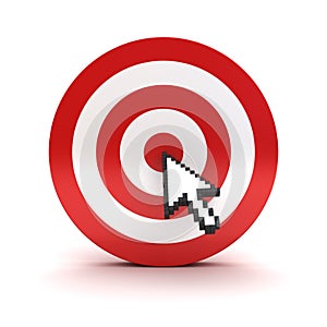 Arrow cursor clicking in the center of the red dart board or target over white