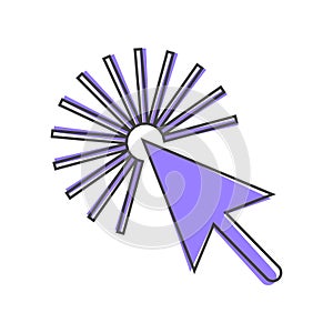 Arrow, the cursor pointing to the point. The cursor clicks cartoon style on white isolated background