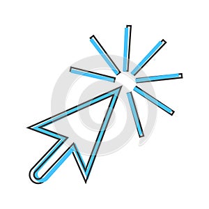 Arrow, the cursor pointing to the point. The cursor clicks cartoon style on white isolated background