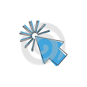 Arrow, the cursor pointing to the point. The cursor clicks cartoon style on white isolated background