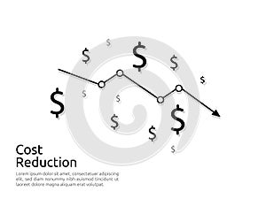 arrow decrease icon. dollar money fall down symbol. economy stretching rising drop. Business lost crisis decrease. cost reduction