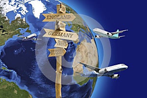 arrow direction and planes against globe background